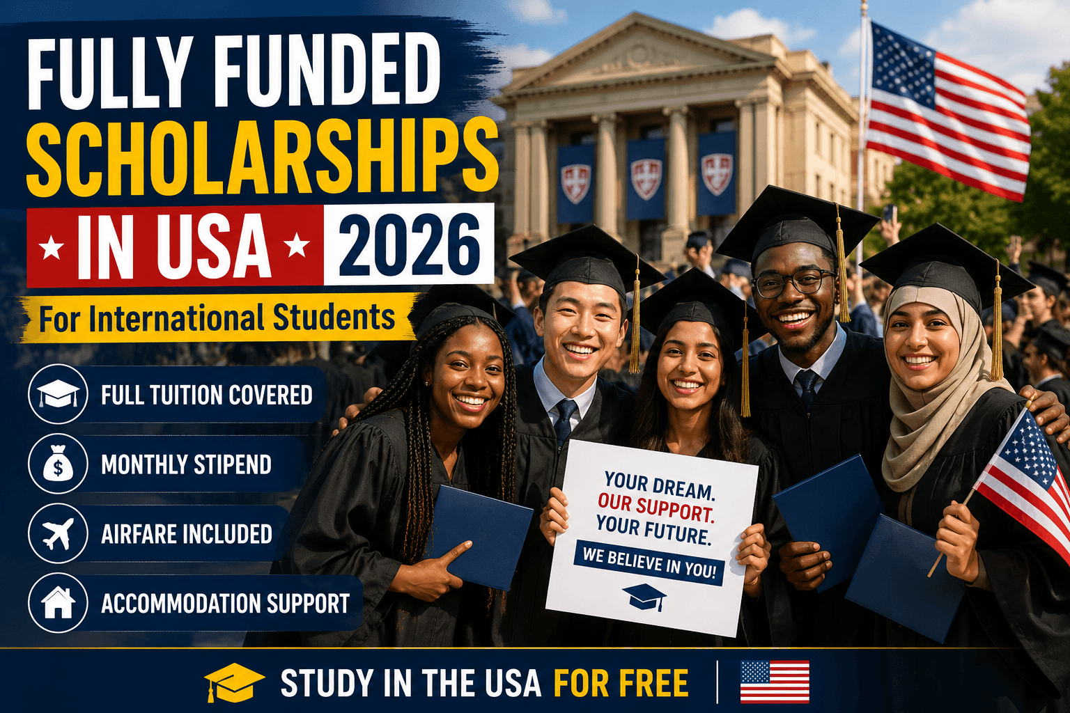 Fully funded scholarships in USA 2026 for international students covering tuition, accommodation, airfare, and living expenses