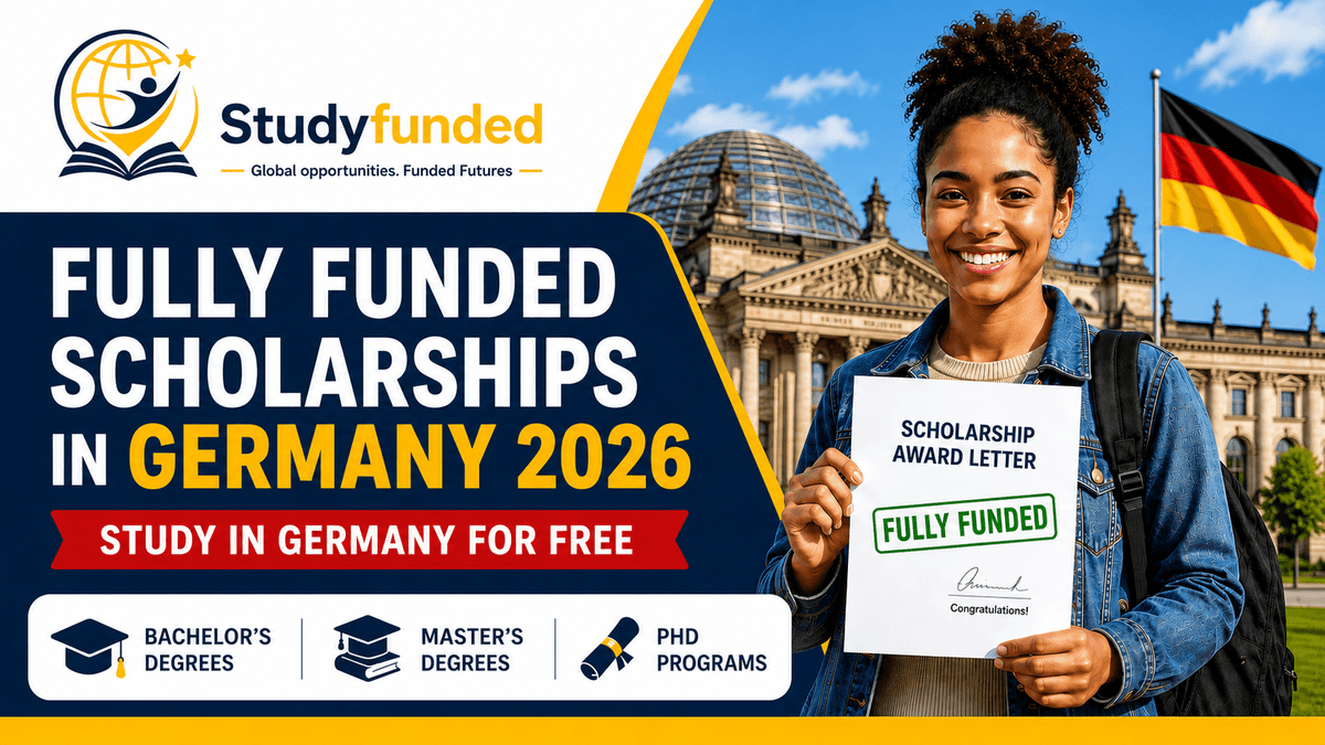 International student holding a scholarship award letter for fully funded scholarships in Germany 2026 with Bachelor's, Master's, and PhD opportunities.