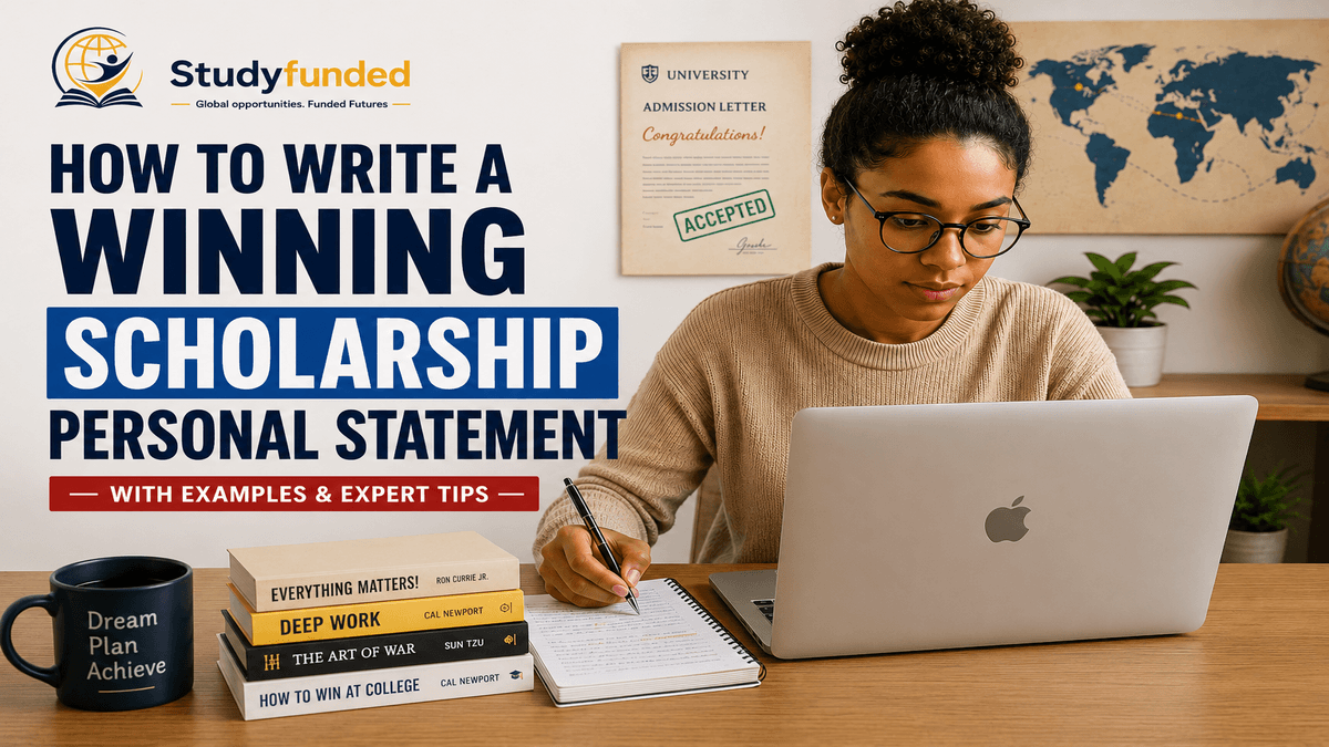 Student writing a winning scholarship personal statement on a laptop with notes and study books