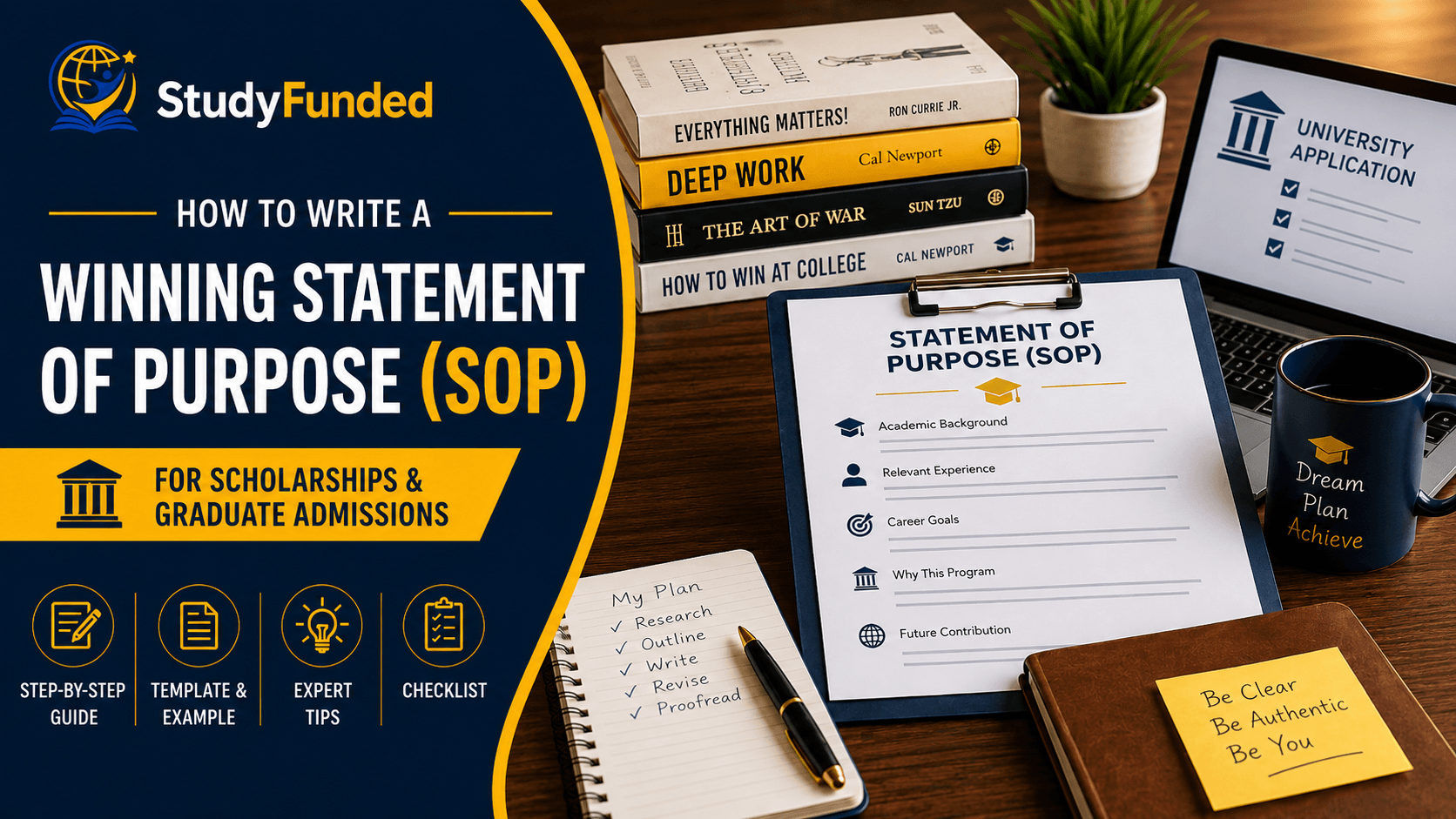 Student preparing a Statement of Purpose (SOP) for scholarship and graduate admission applications.