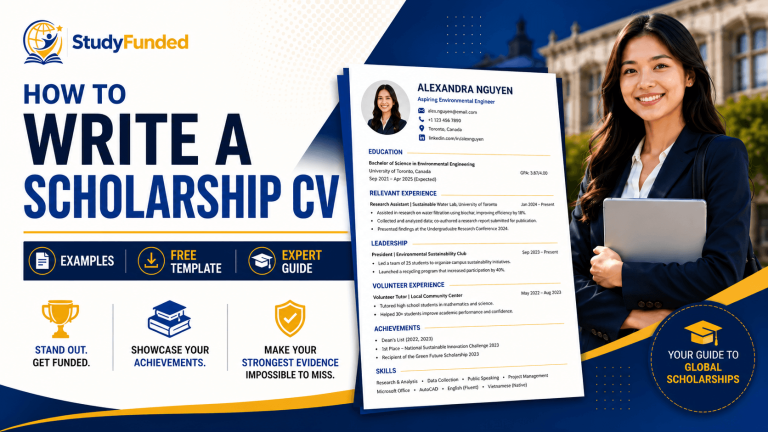 Professional featured image for a guide on how to write a scholarship CV, including examples, formatting tips, and a free CV template for scholarship applications.