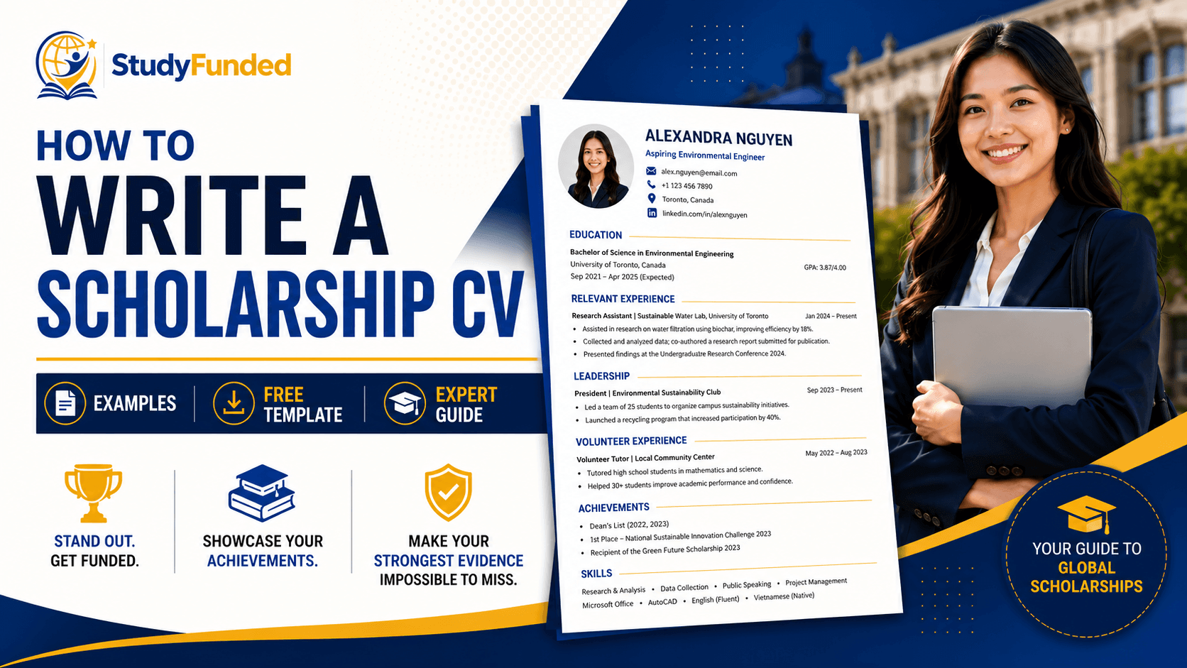 Professional featured image for a guide on how to write a scholarship CV, including examples, formatting tips, and a free CV template for scholarship applications.