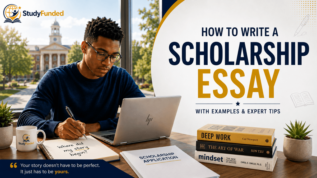 Student writing a scholarship essay on an HP laptop while preparing a university application, illustrating how to write a compelling scholarship essay with examples and expert tips.