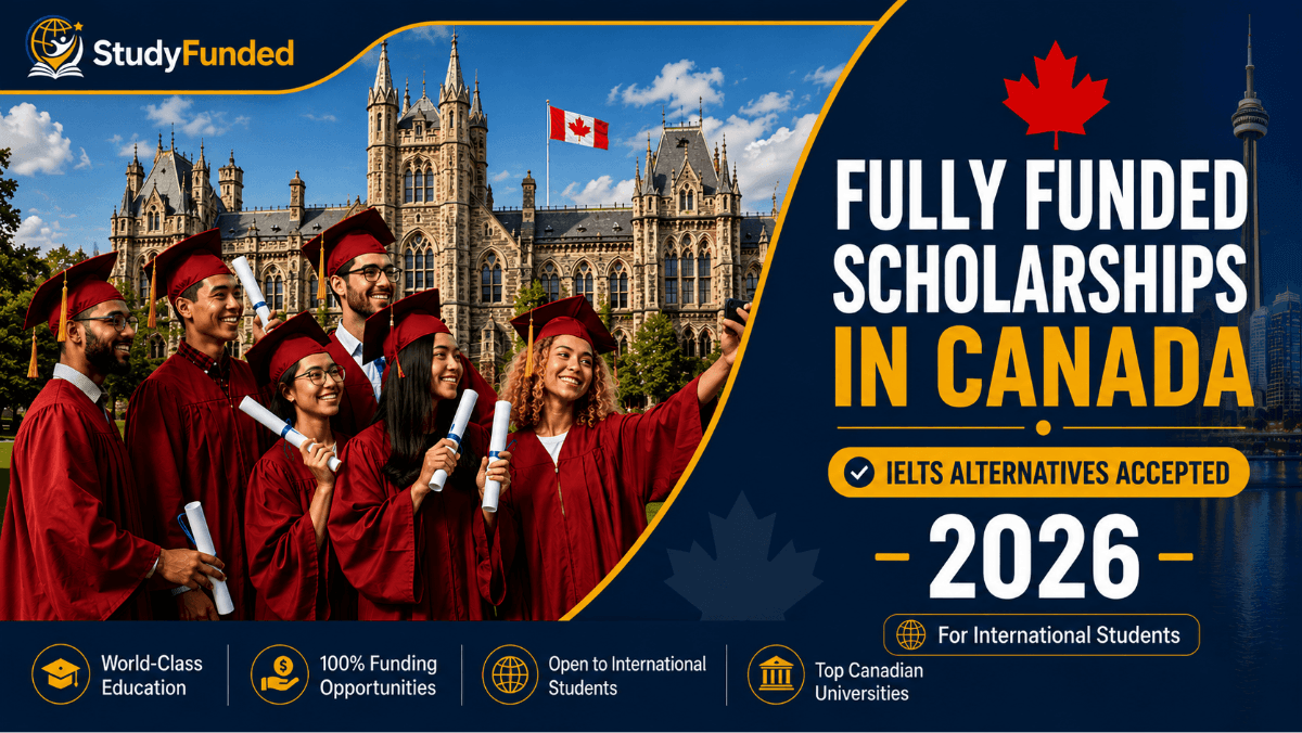 Graduates celebrating at a Canadian university representing fully funded scholarships in Canada without IELTS for international students.